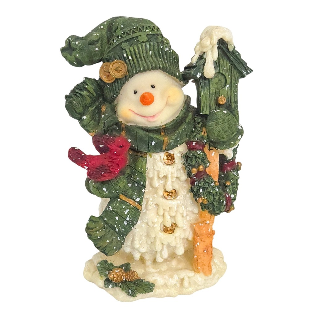 Snowman, Cardinal & Wreath Green Ivory Christmas Figurine- 8.5"